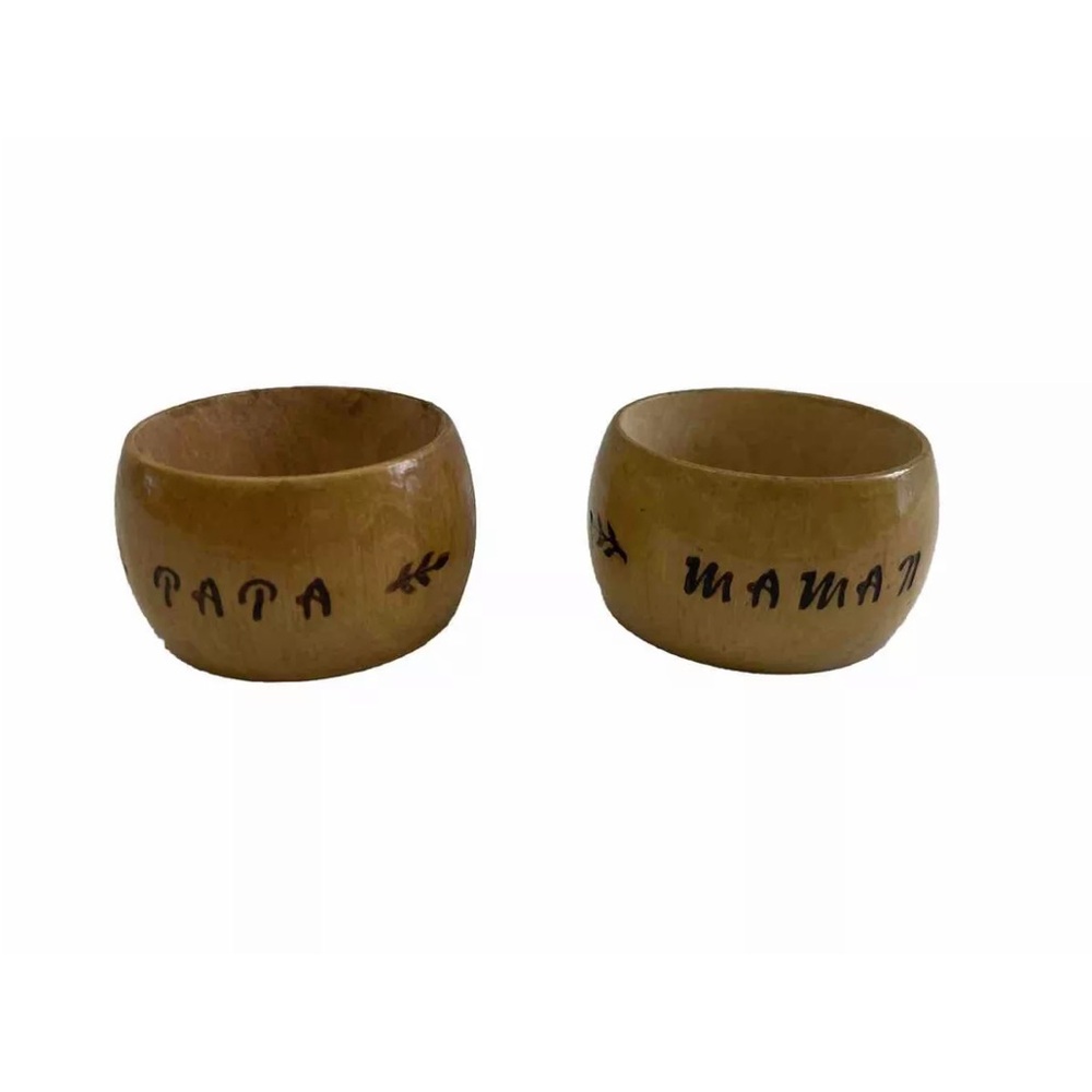 Vintage Set Of Wood Napkin Ring Holders Personalized “Maman” (Mom) “Papa” (Dad)